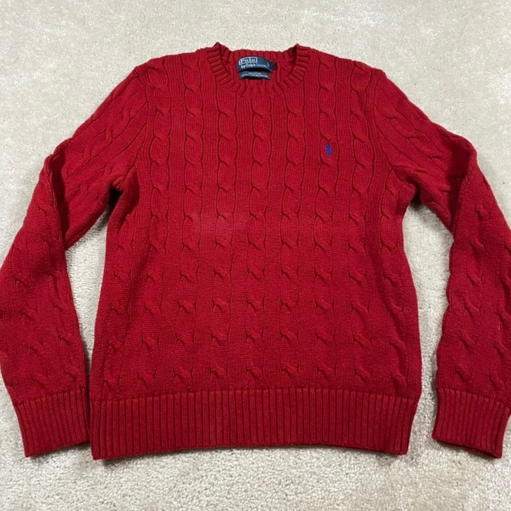 Polo Ralph Lauren Sweater Mens M Red Cable Knit Cotton Crewneck Blue Pony